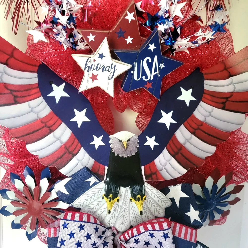 Fourth of July Patriotic Wreath Tin Eagle Fireworks Deco Mesh Bow